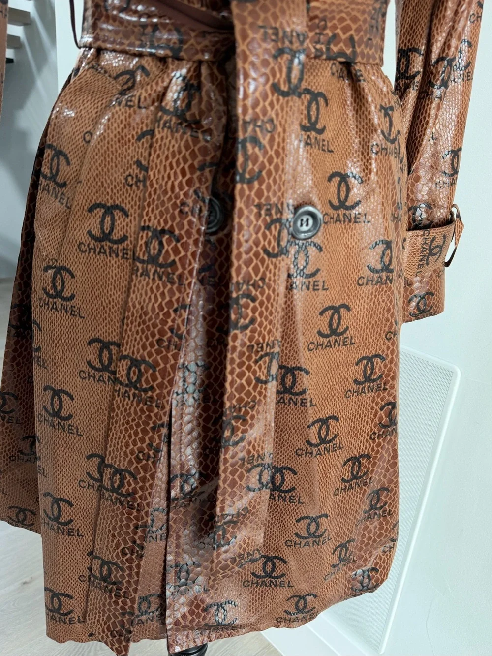 Gorgeous Faux Leather Brown Logo-Print Trench Coat size S